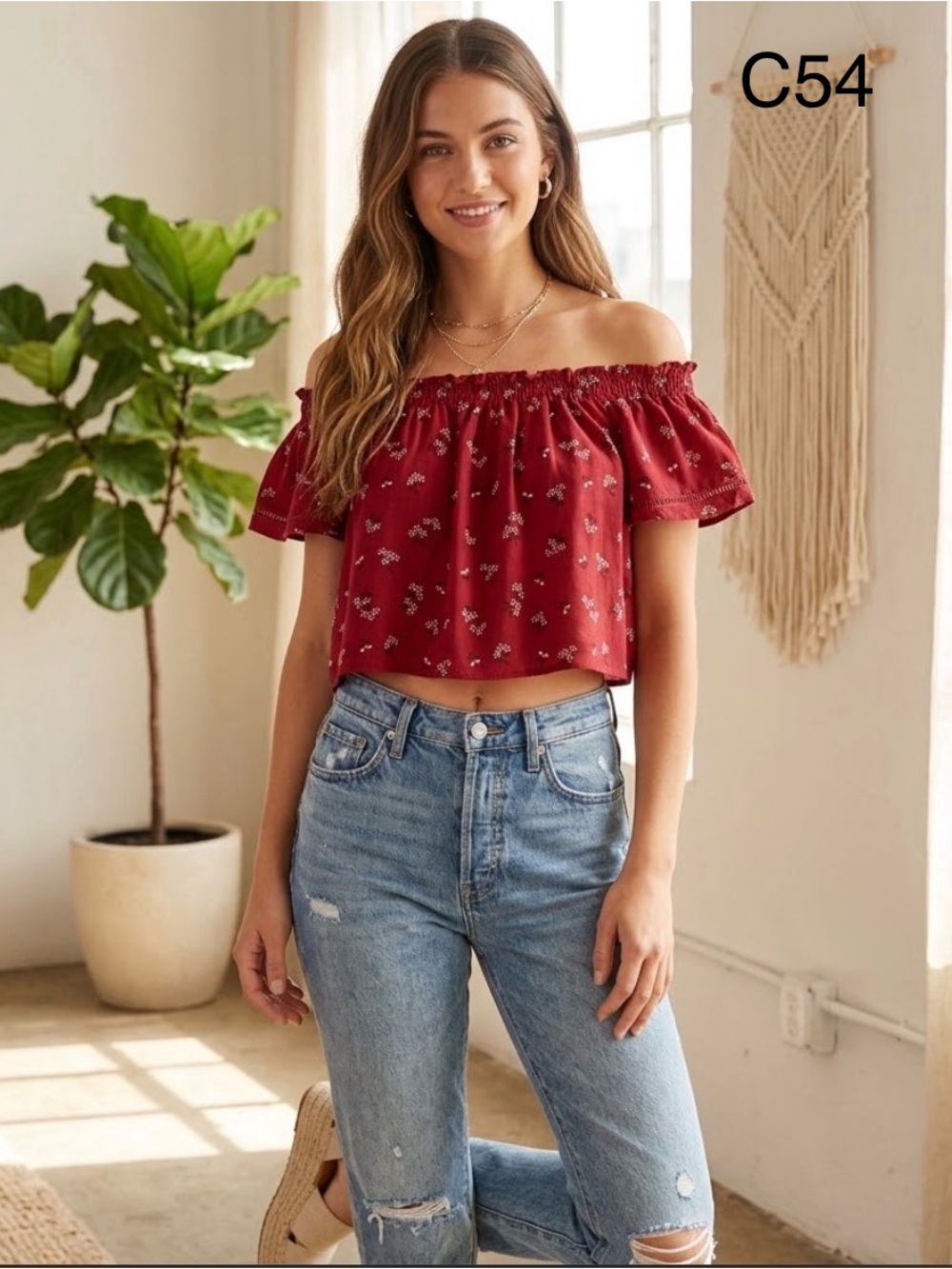 BONGO Red Floral Off-Shoulder Crop Top, Size Large
